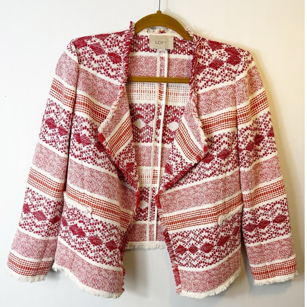 Loft Womens Fringe Tweed Open Front Blazer Jacket Red White Patterned 2